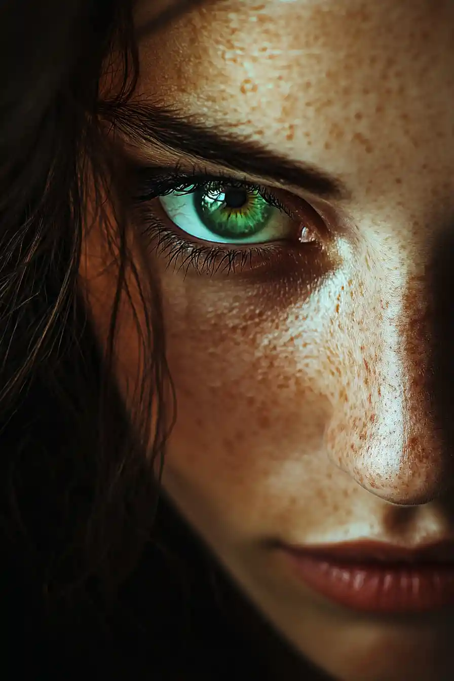 Retrato fechado e dramático de mulher com olhos verdes intensos