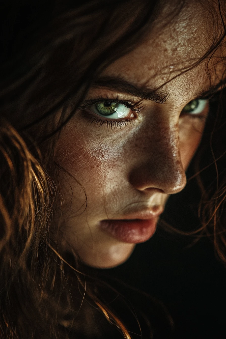 Mulher com olhos verdes intensos em retrato dramático em close