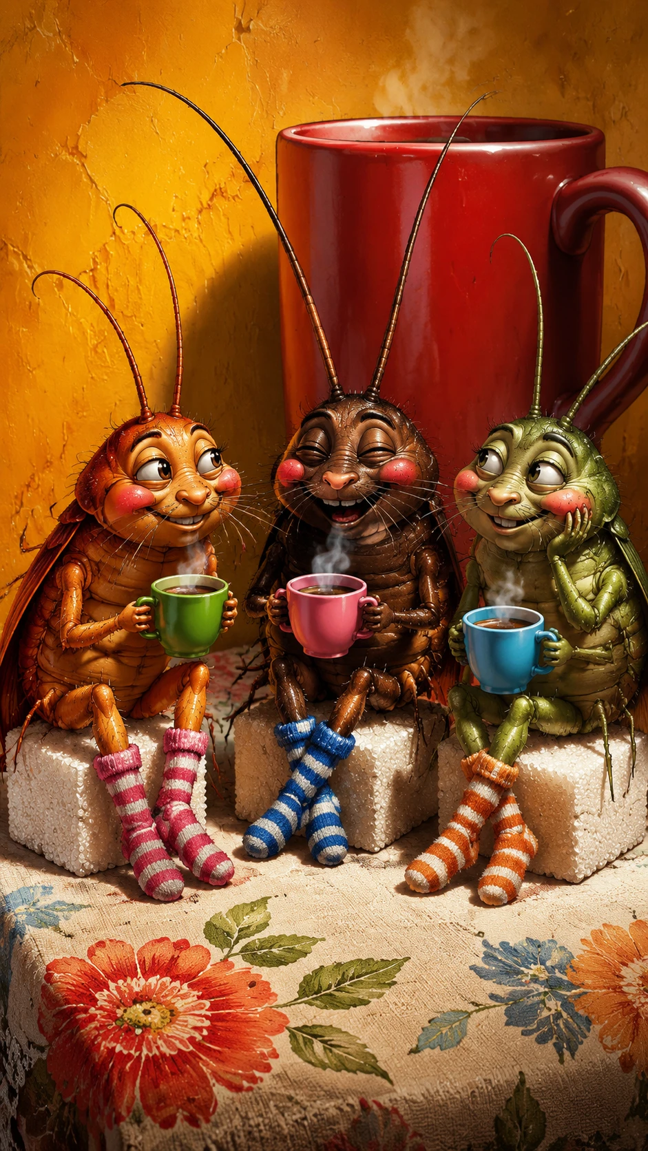 Three cute cockroach friends drinking coffee on sugar cubes