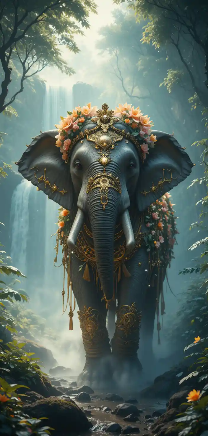 Éléphant aux guirlandes lumineuses dans une clairière de forêt brumeuse