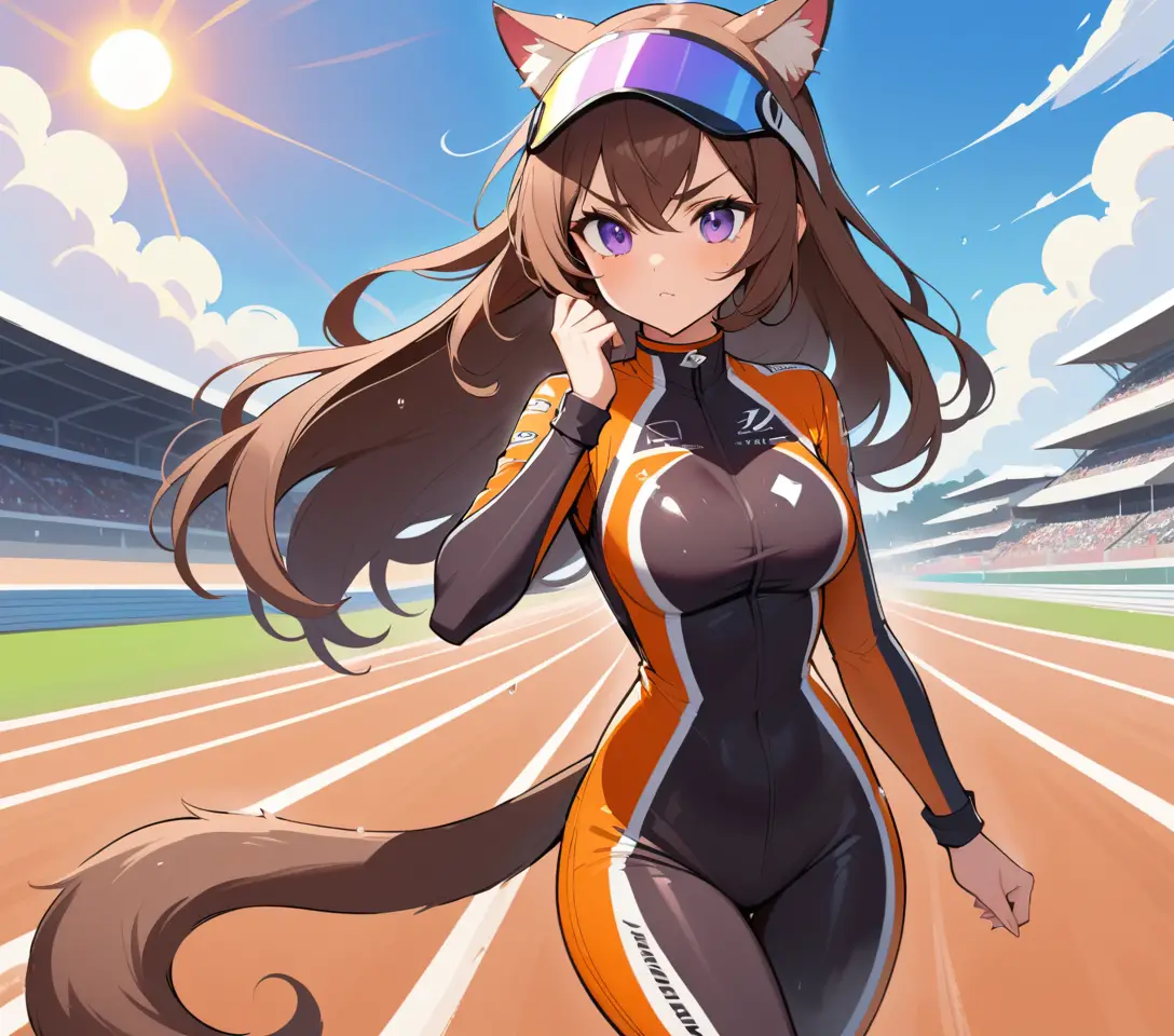 Pilota di Formula 1 felina che cammina su pista soleggiata