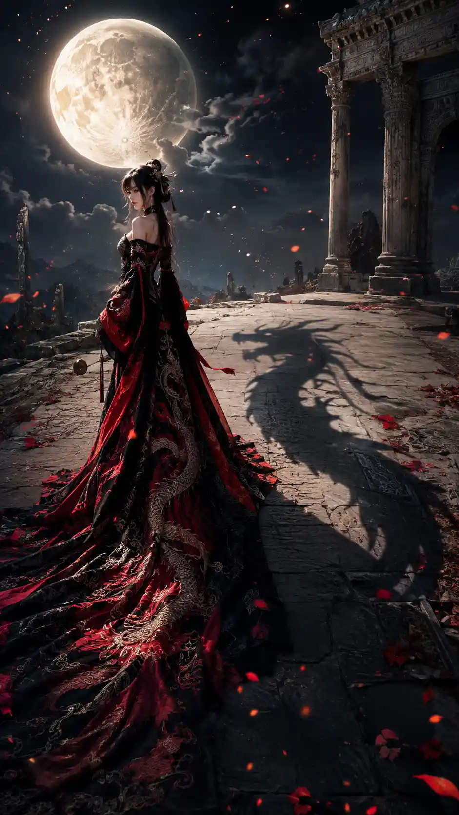 Donna in abito d’ombra di drago sotto una luna immensa