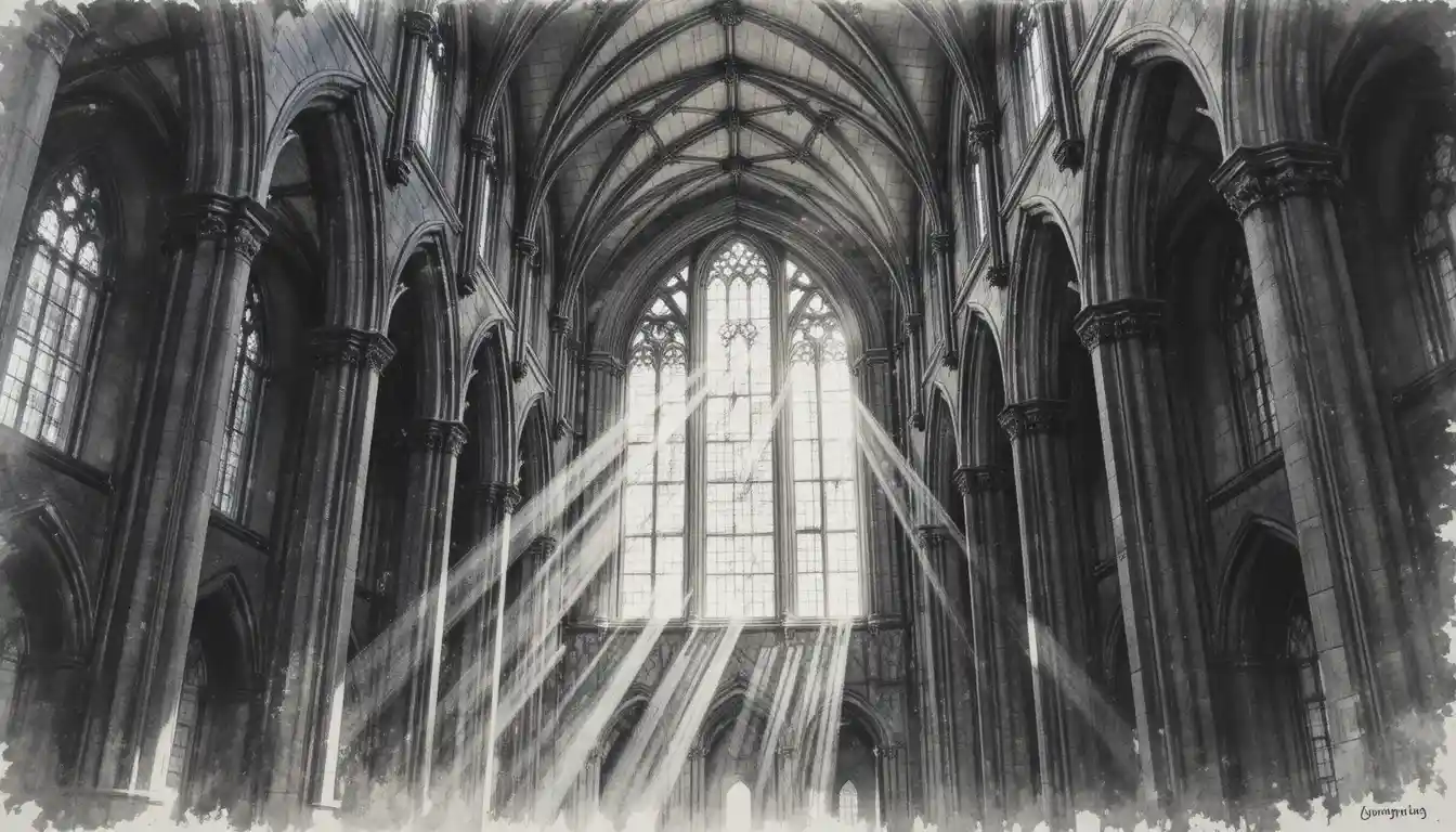 Charcoal drawing of a grand gothic cathedral hall interior