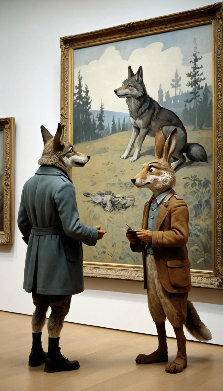 Lobo e lebre em desenho animado em uma galeria de arte em Moscou