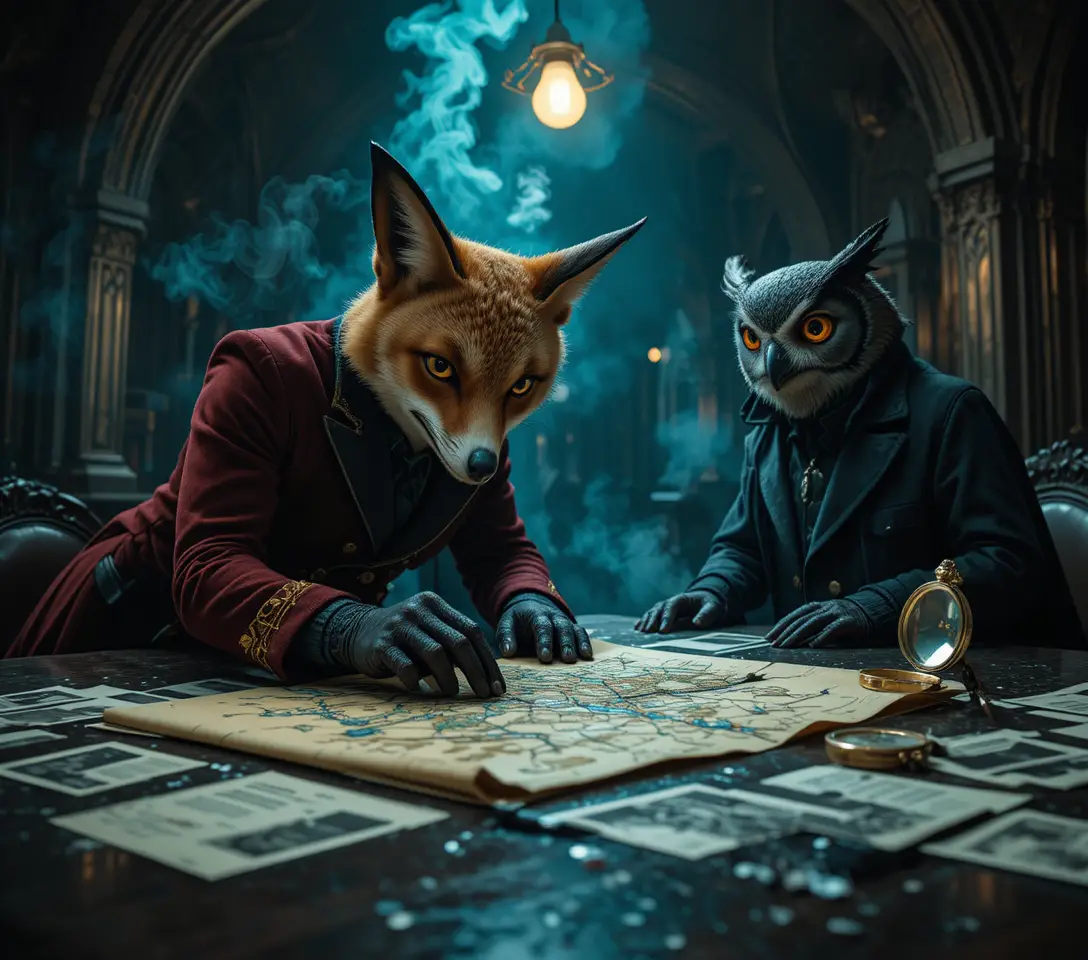 Anthropomorphic fox detective at a gothic obsidian table