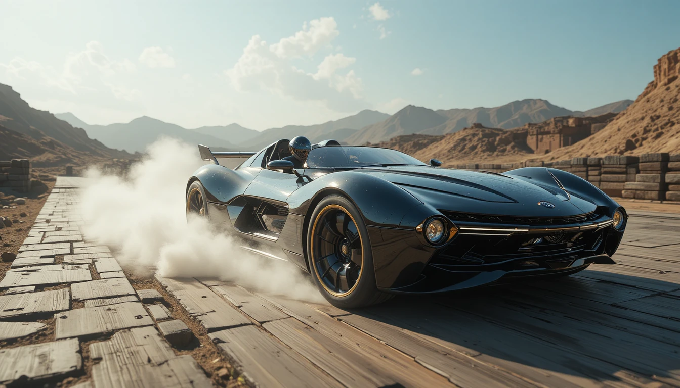 Futuristic Solo Grav Vehicle Racing Above Ancient Causeway