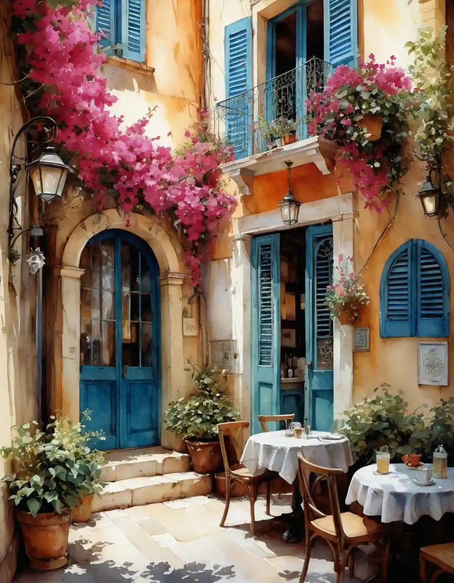 Sunlit Mediterranean alley café with cascading bougainvillea