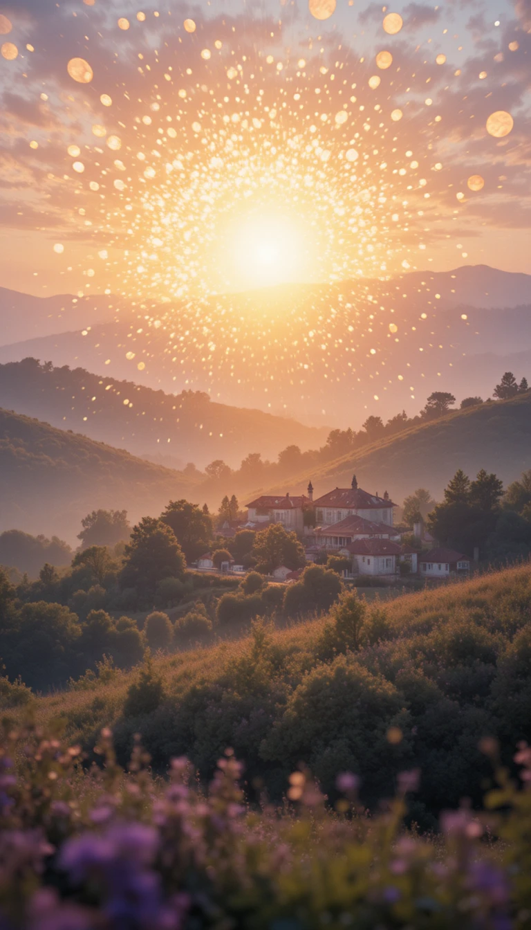 Goldener Sonnenuntergang über sanften Hügeln und ferner leuchtender Ortschaft