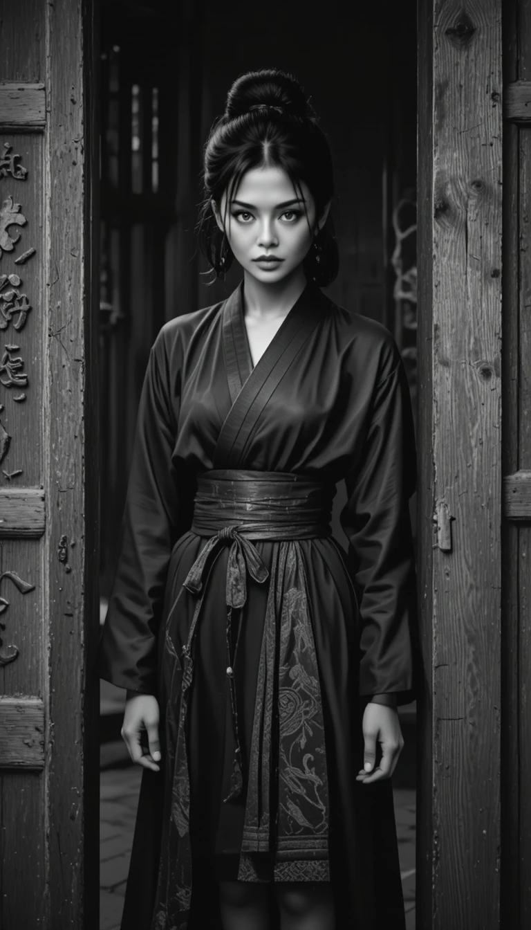 Intense portrait of an Asian warrior woman in doorway