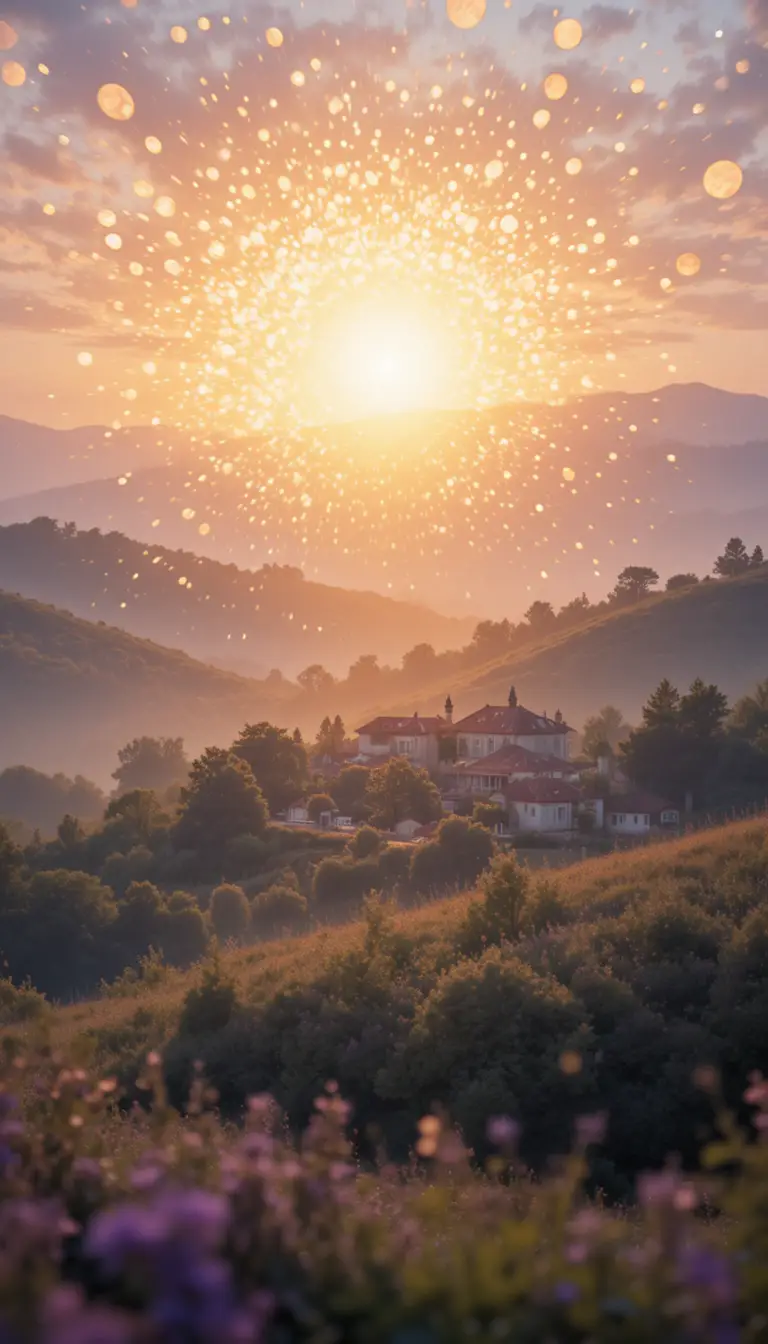 Golden sunset over soft hills and distant glowing village