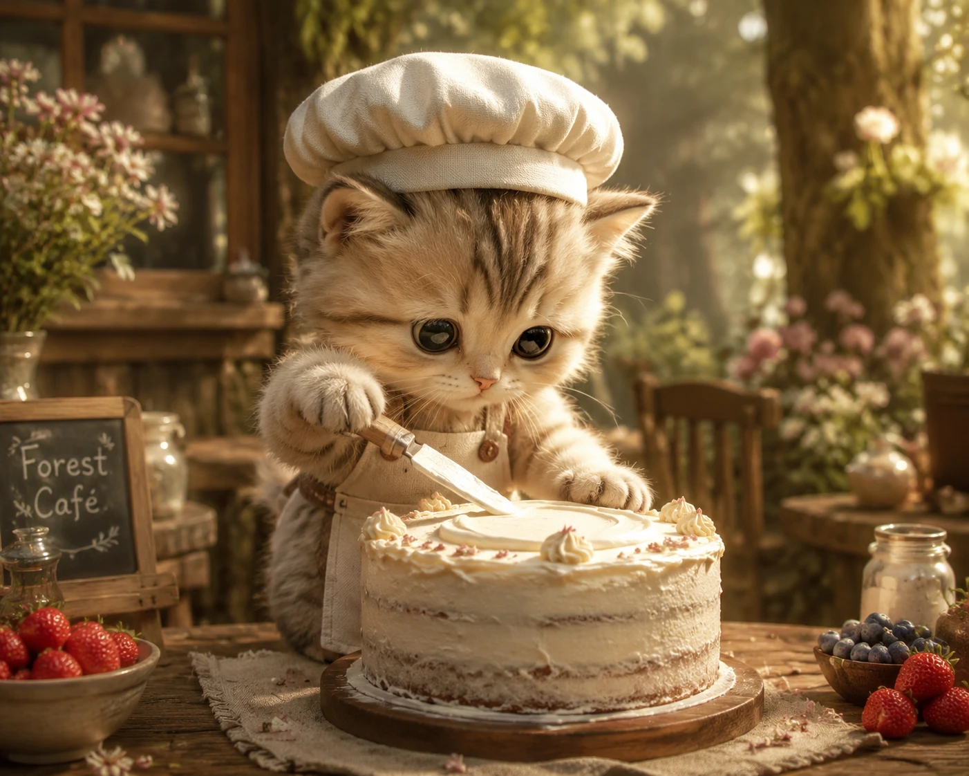 Minuscule chaton pâtissier glaçant un gâteau dans un café de la forêt