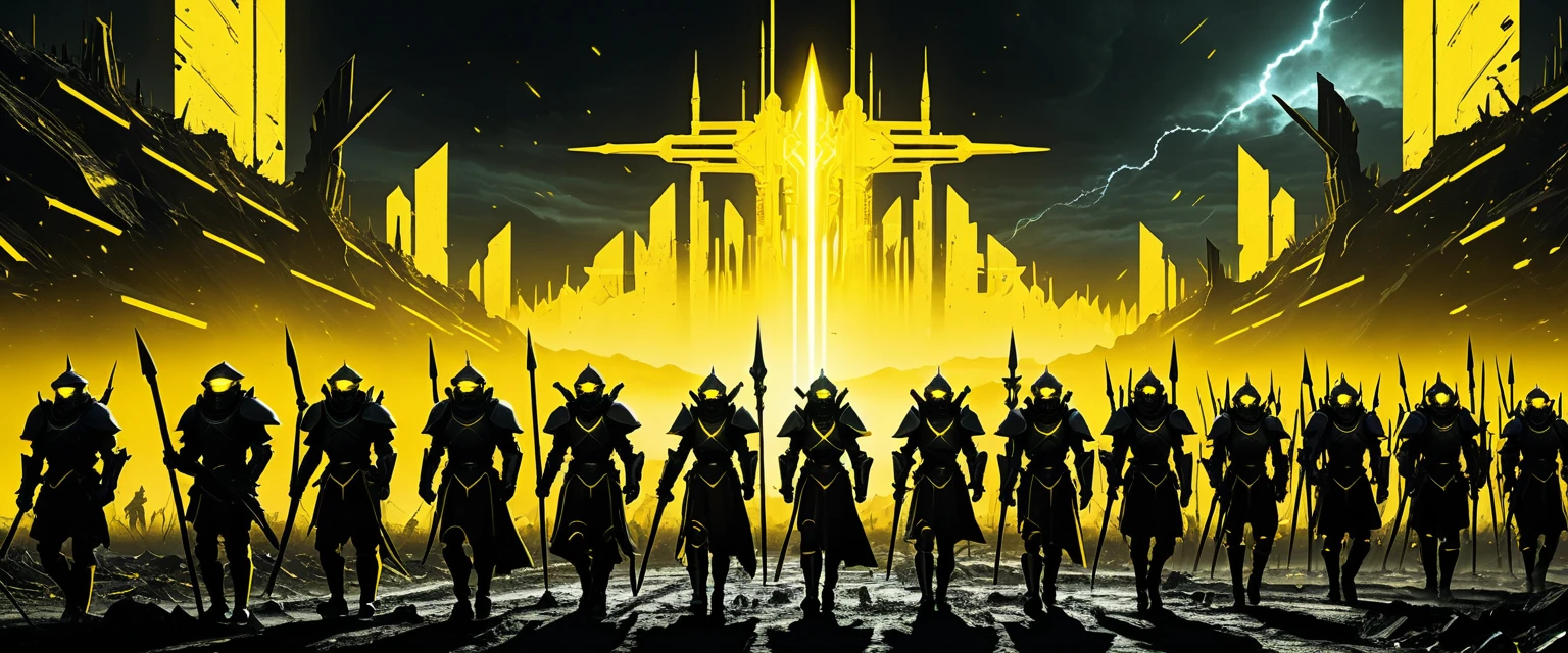 Vast mechanized knight army marching through cosmic wasteland