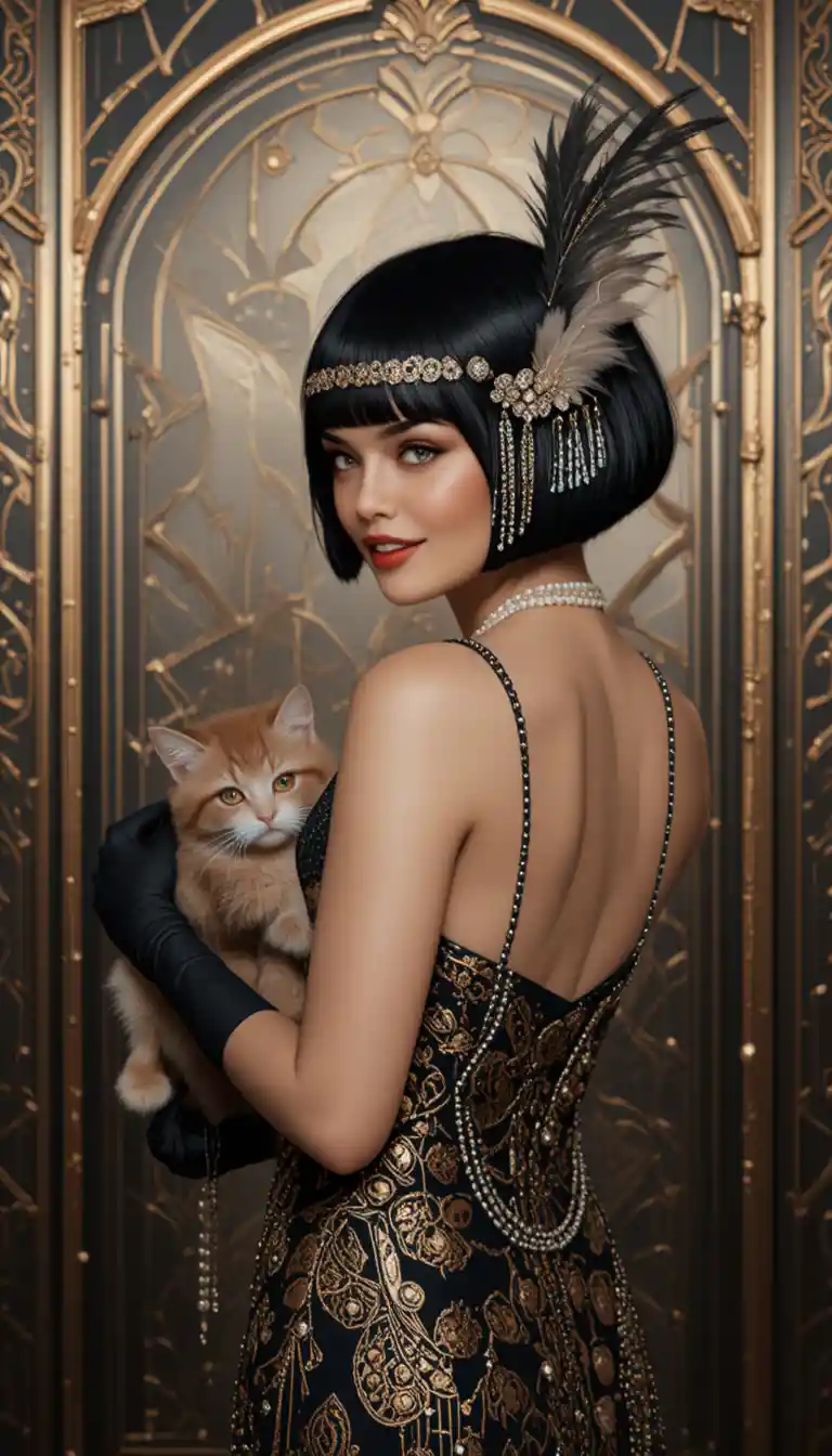 Élégante femme flapper tenant un chat dans un glamour art déco