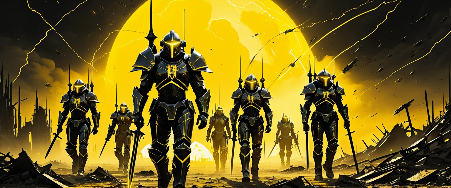 Futuristic armored warriors march through ruined wasteland