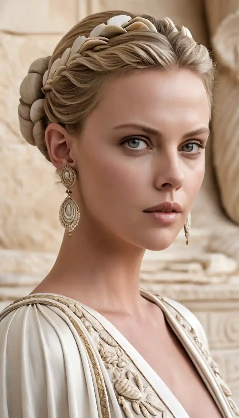 Young woman in ancient greek chiton with shell earrings