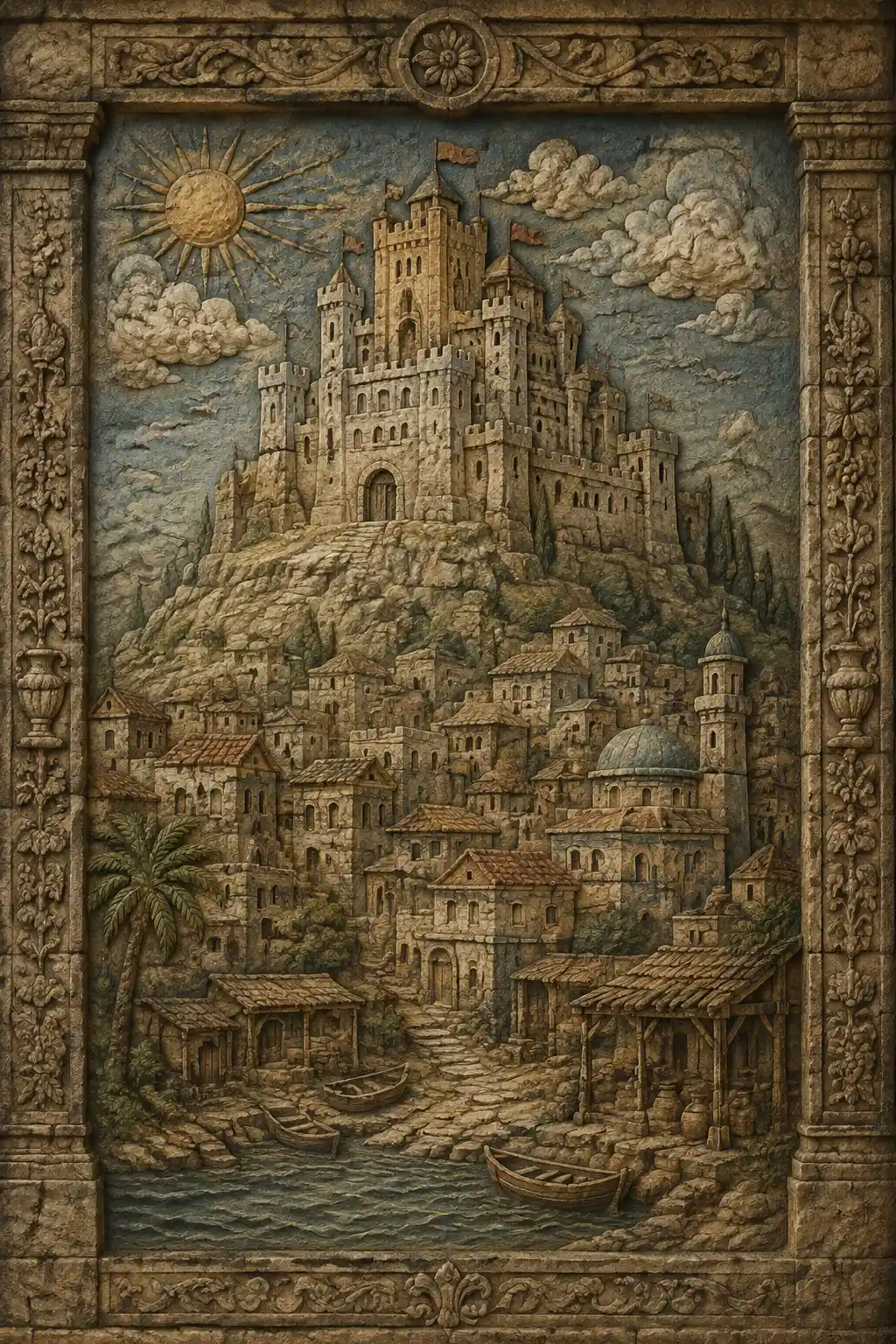 Farbiges Steinrelief einer mittelalterlichen Burg auf einem Hügel