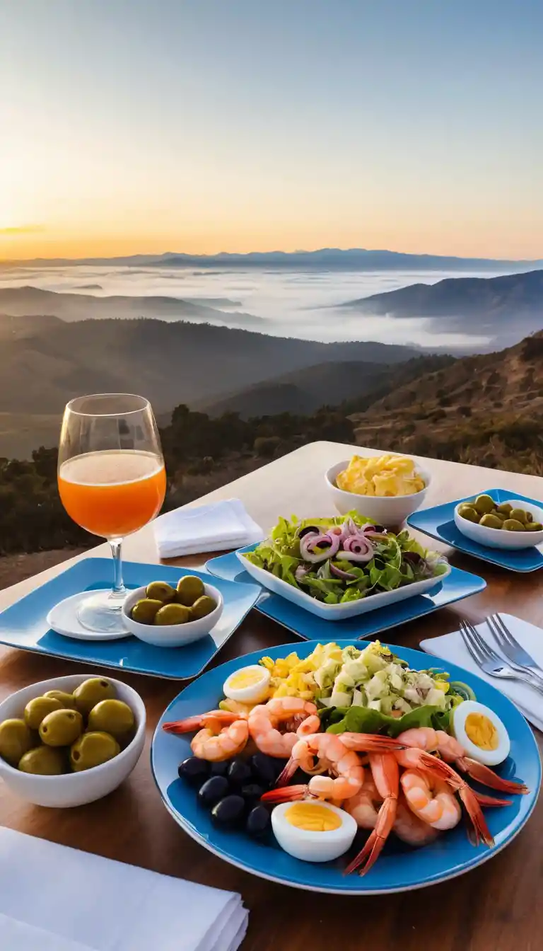 Saladas de frutos do mar em uma mesa de madeira com vista para montanhas enevoadas