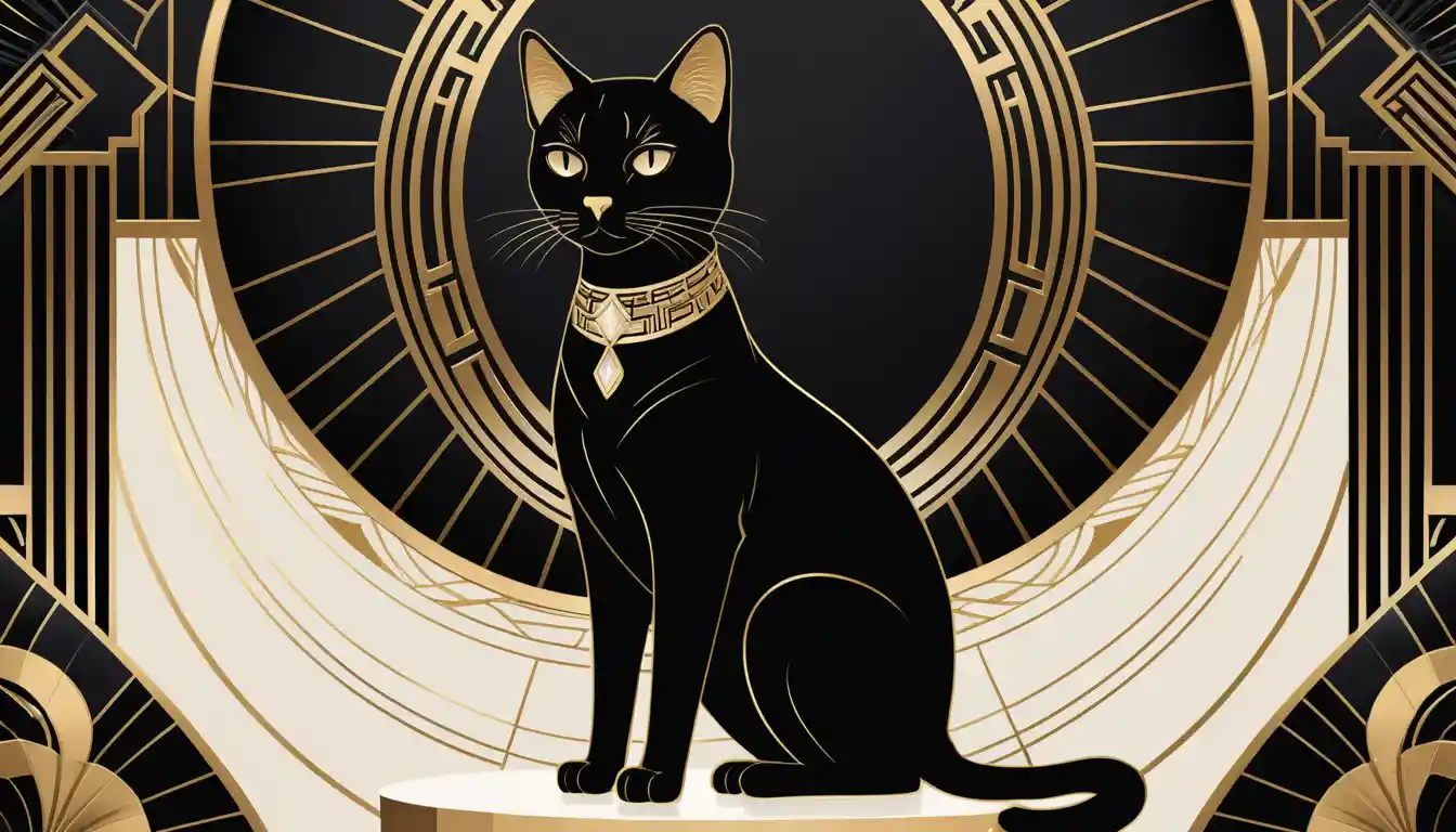 Elegante gato art déco sobre pedestal geométrico em tons de dourado