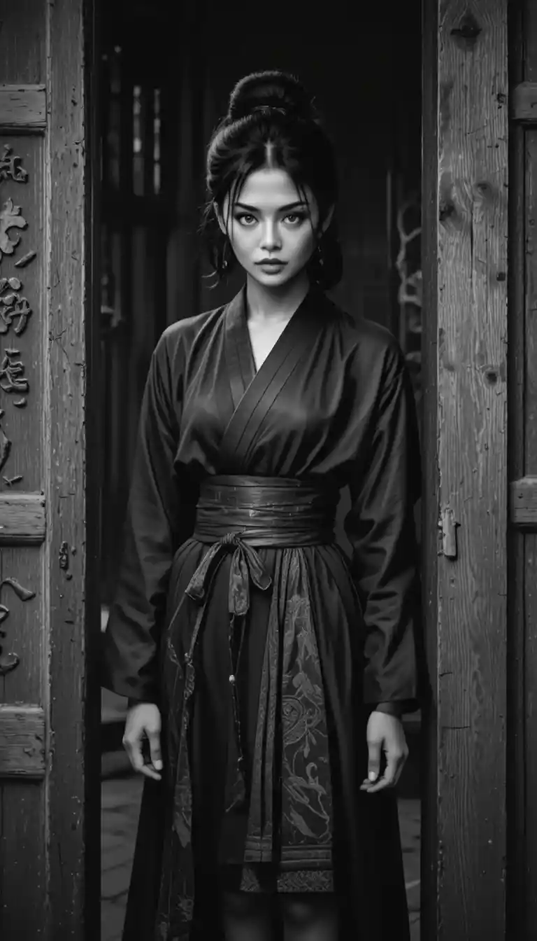 Intense portrait of an Asian warrior woman in doorway