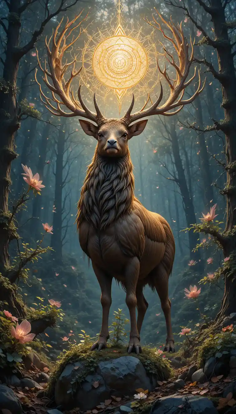 Cervo maestoso in una radura soleggiata in una foresta antica