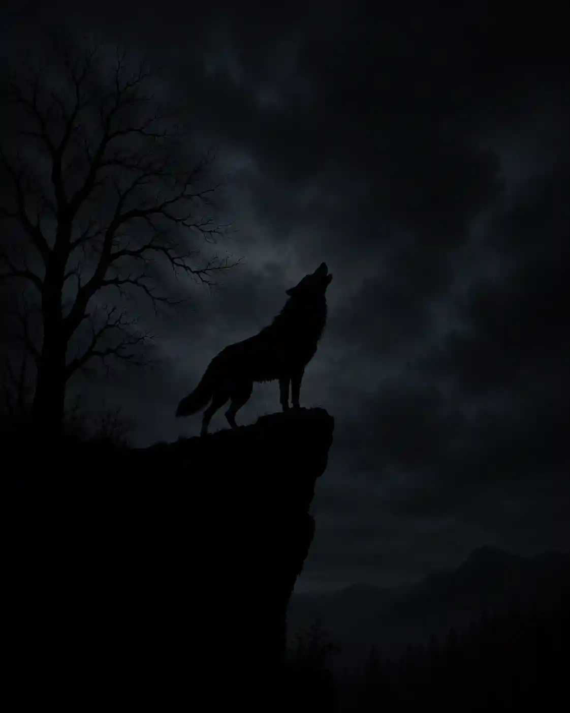 Wolf silhouette howling on a cliff under a dark sky