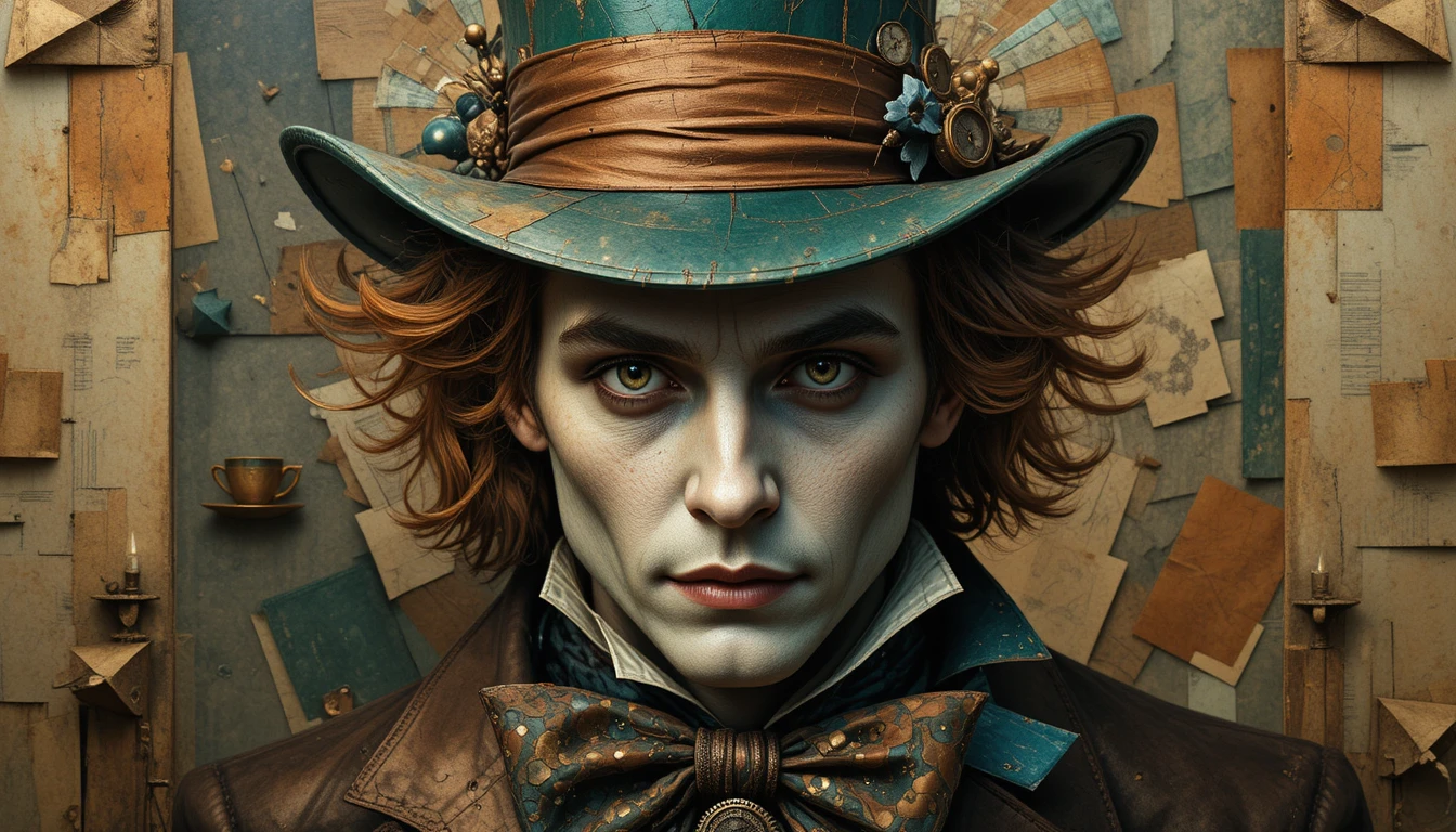Ritratto cubista di un uomo eccentrico con cappello e oggetti da tè