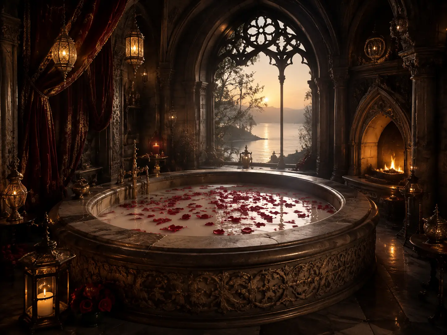 Gothic stone bathtub with rose petals in candlelit chamber