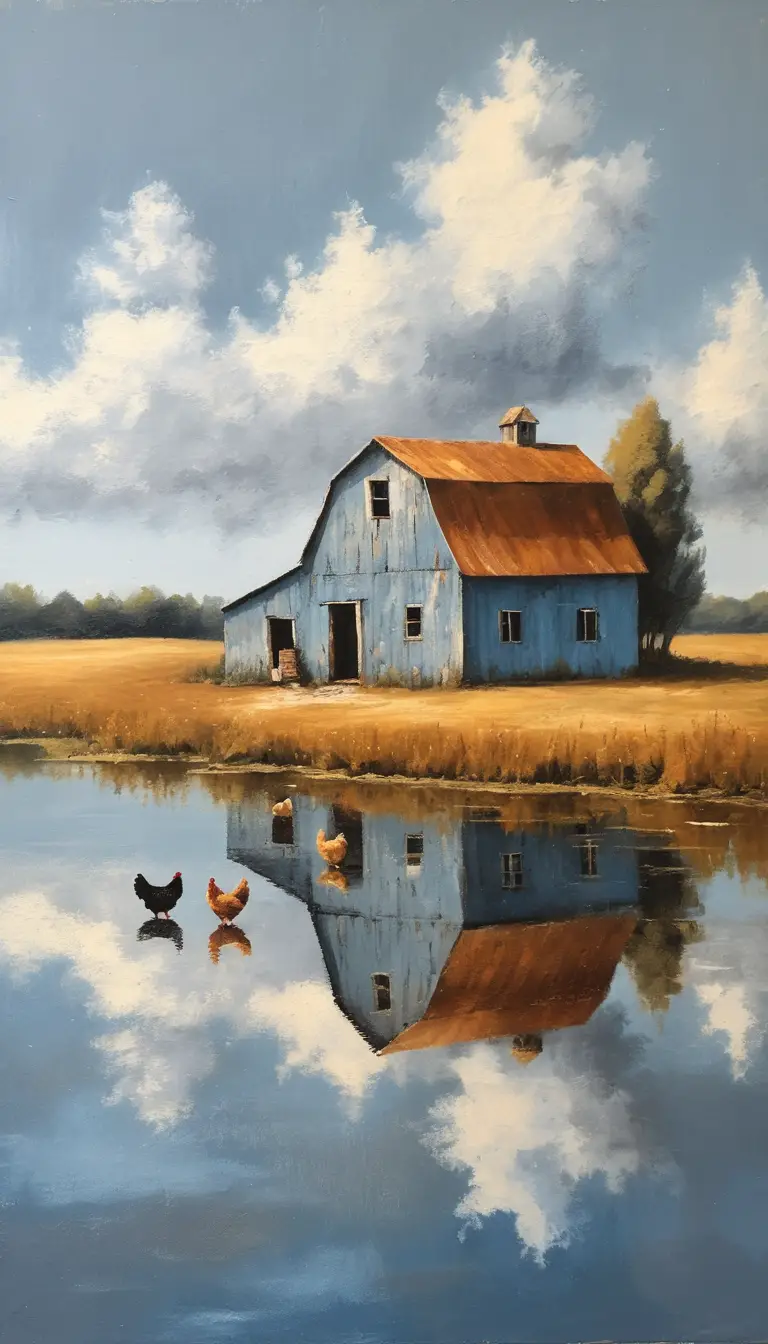 Nostalgic pastel barn above a calm lakeside landscape