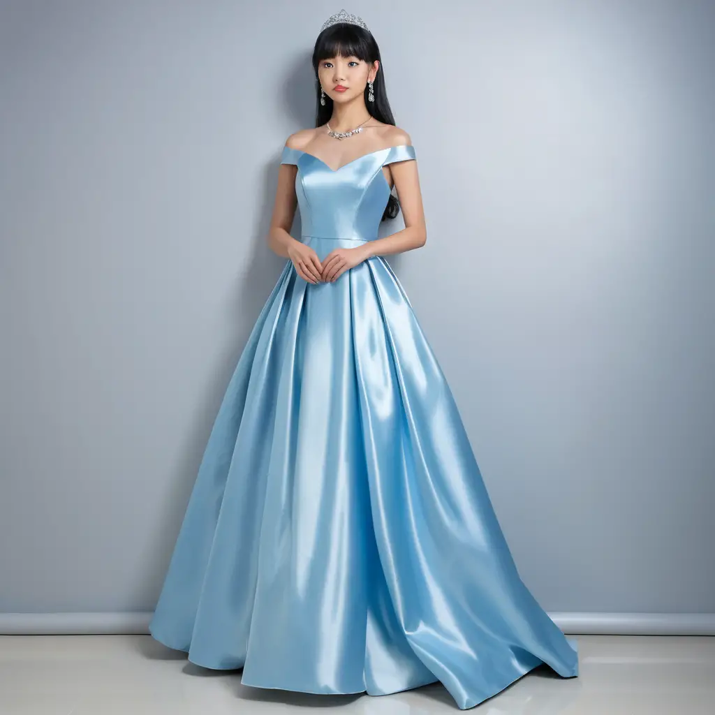 Elegant Japanese girl in blue satin ball gown