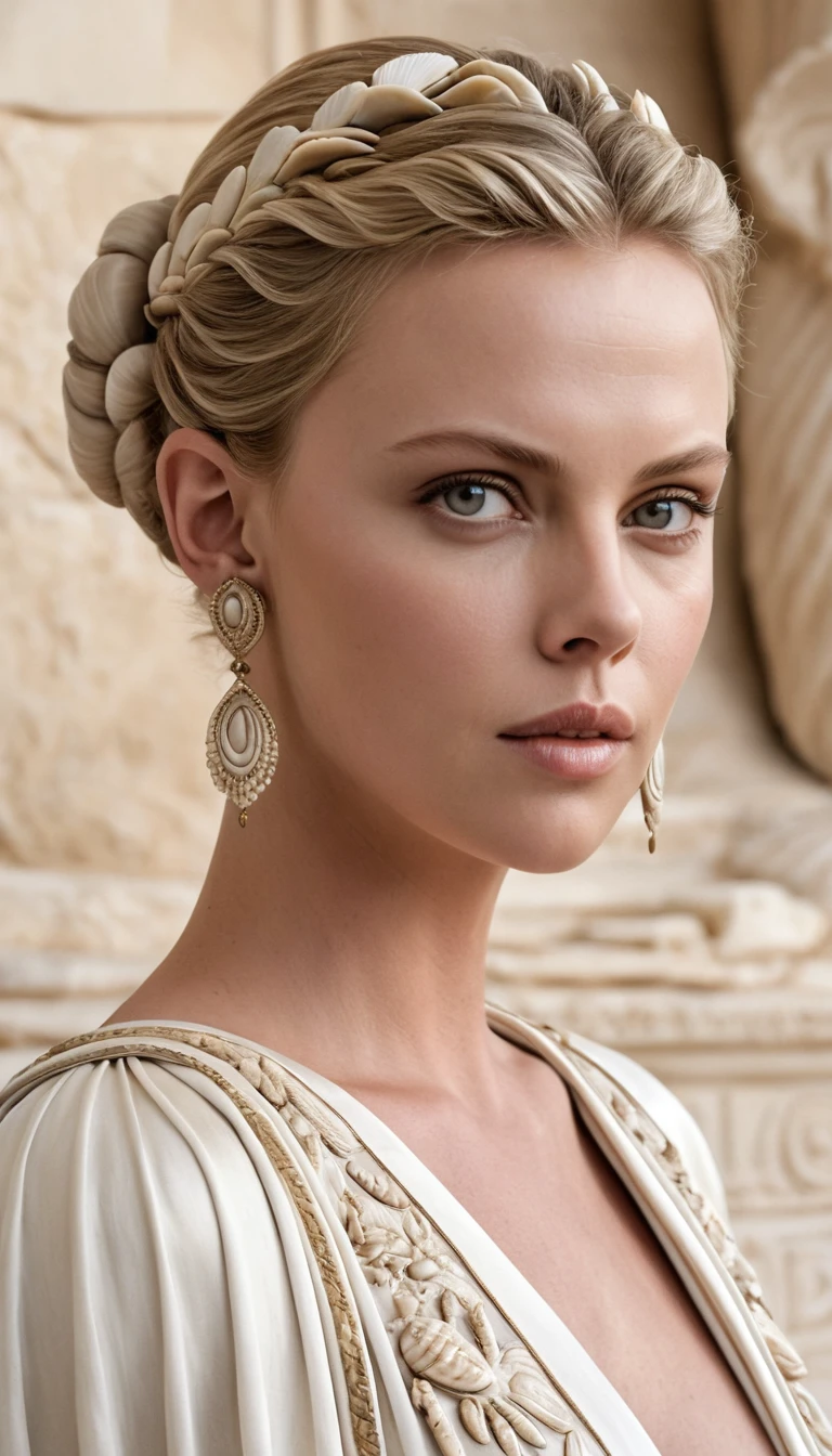 Young woman in ancient greek chiton with shell earrings