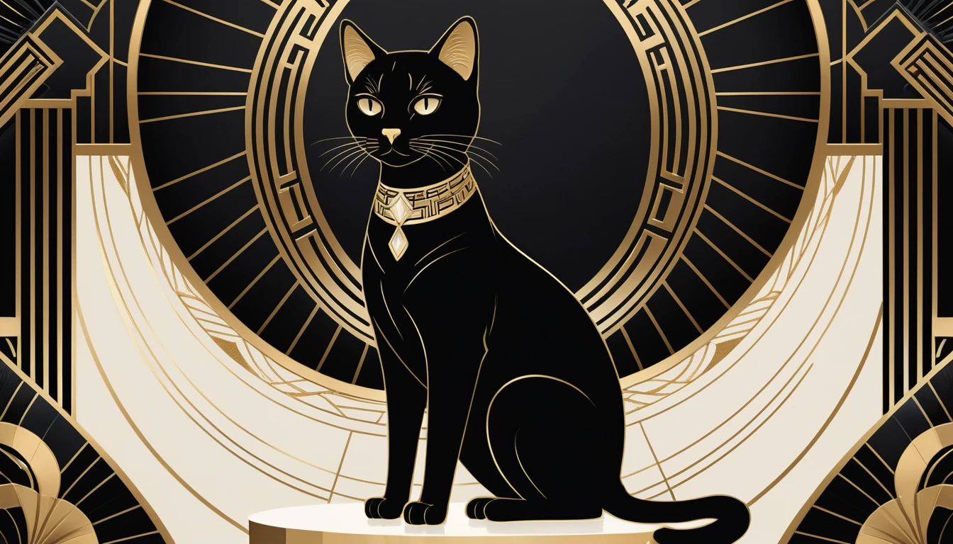 Elegante gato art déco sobre pedestal geométrico em tons de dourado