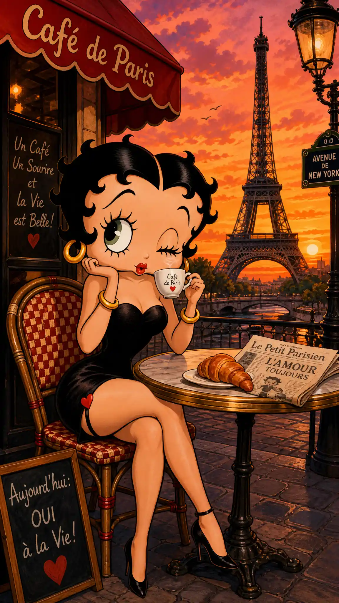 Woman enjoying coffee at a French sidewalk cafe at sunset