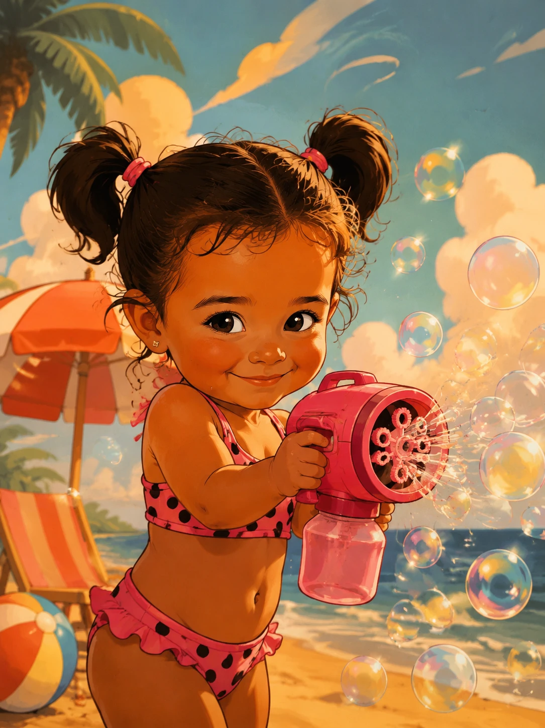 Whimsical girl making soap bubbles on a sunny beach