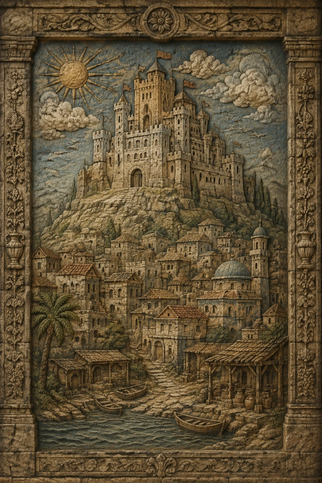 Relief en pierre coloré d’un château médiéval sur une colline