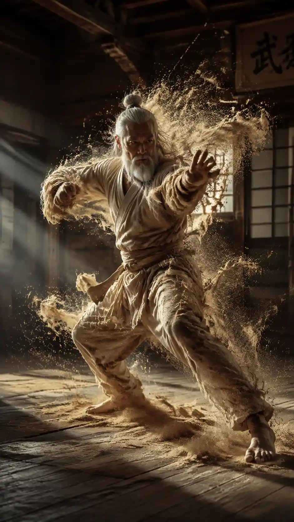 Elderly martial arts master dissolving into sand in dojo