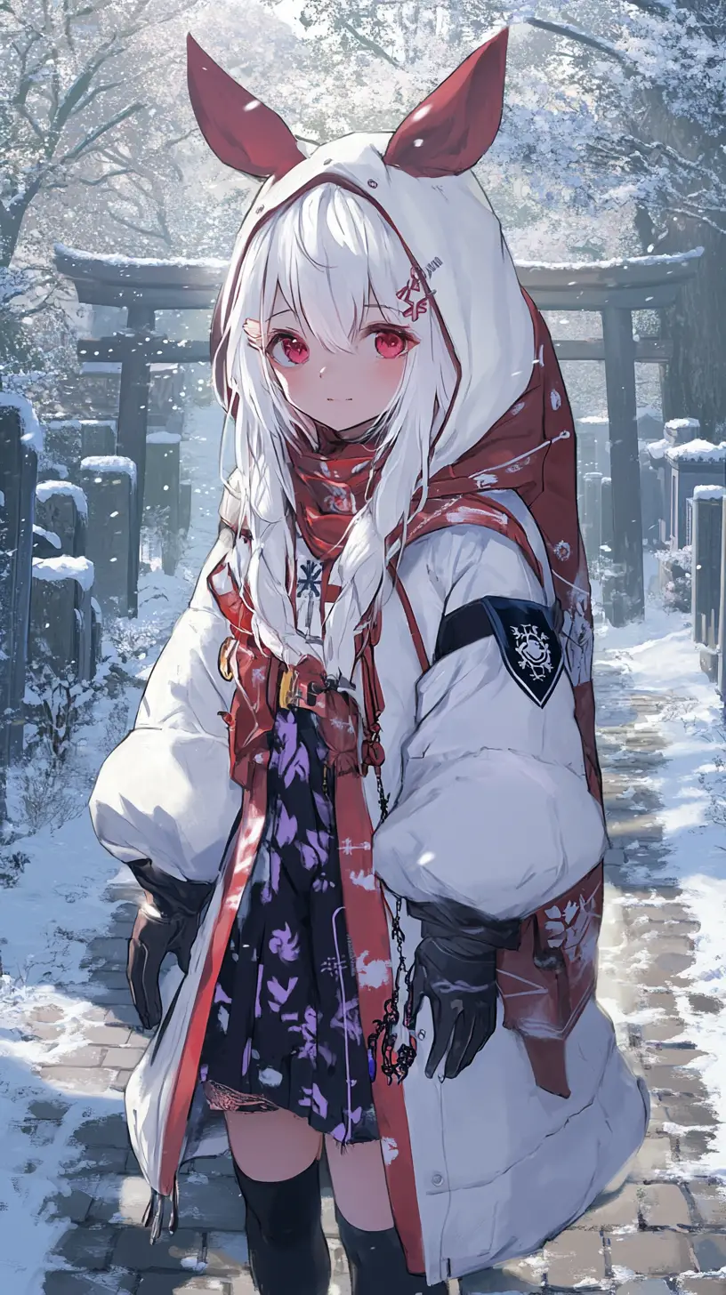 Fille d’anime en long manteau blanc marchant dans un village enneigé