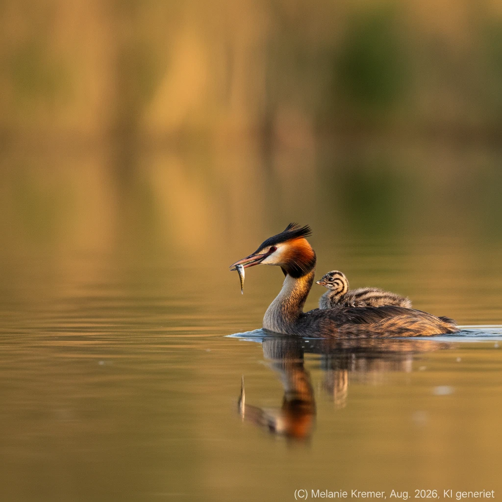 Grèbe huppé femelle nourrissant son poussin sur un lac calme