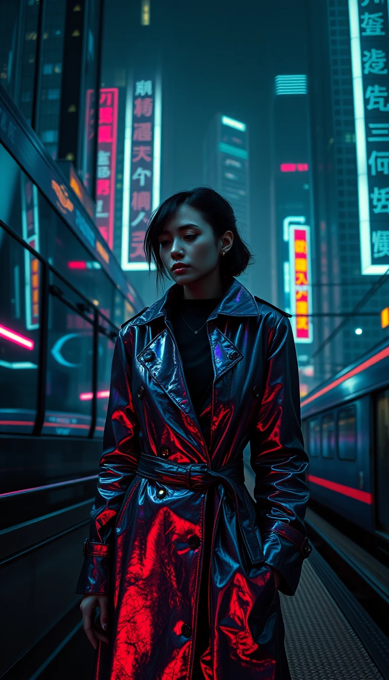 Mulher com olho cibernético em plataforma de trem iluminada por neon