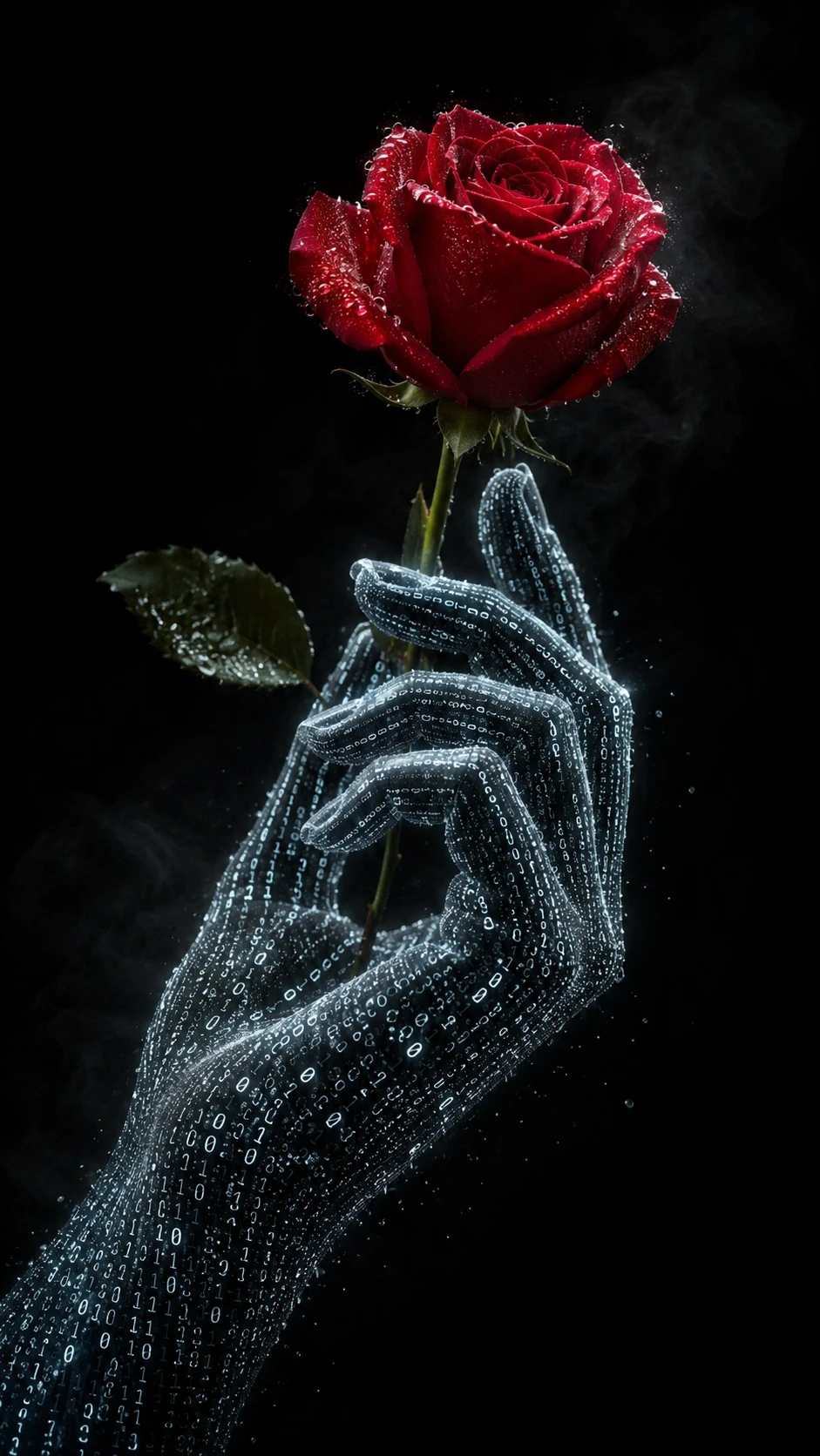 Digitale Menschenhand hält eine taufrische karmesinrote Rose