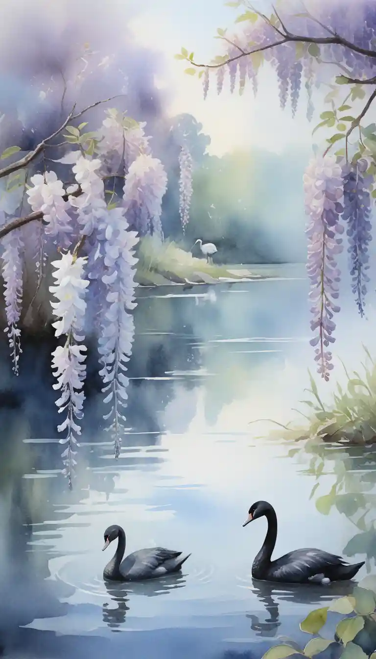 Scène de lac impressionniste avec chaton et cygnes noirs