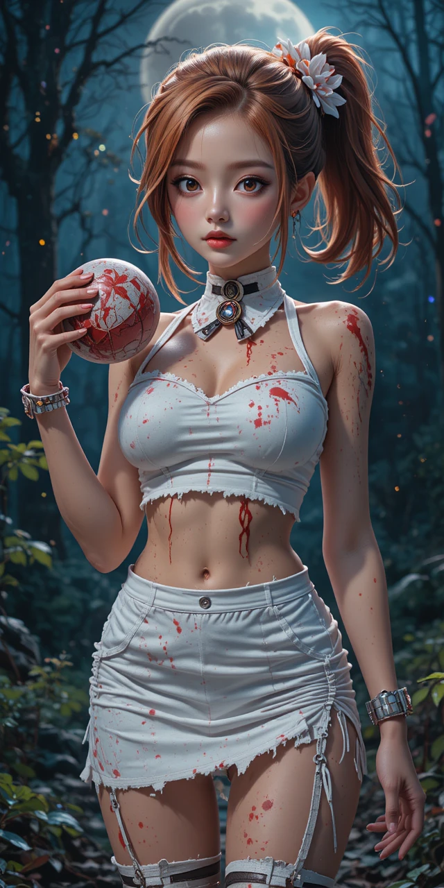 Femme d’anime en tenue blanche sous le ciel forestier au clair de lune