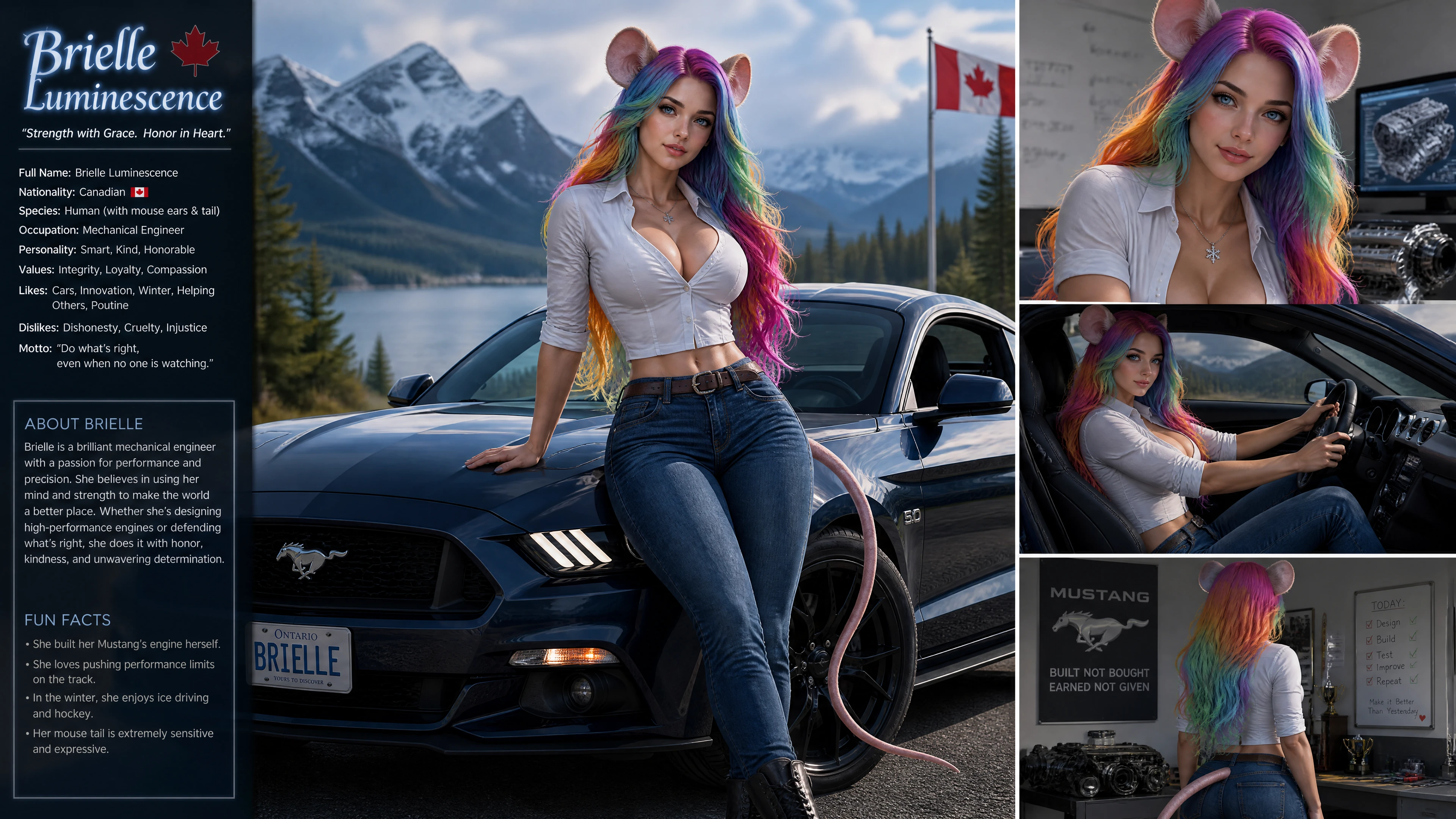 Fantasy woman with mouse features driving a muscle car