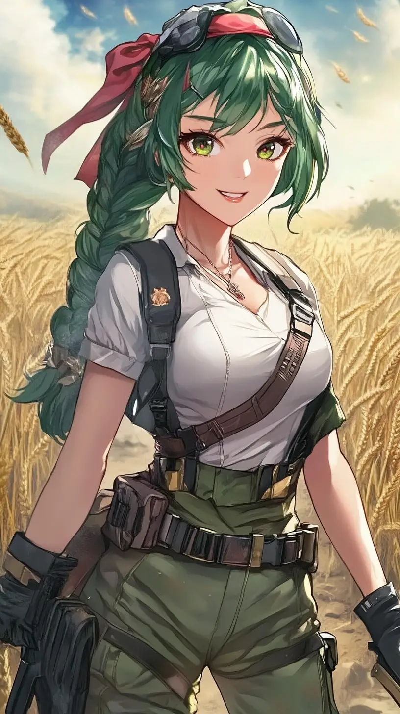 Fille d’anime aux cheveux verts et étoiles sur une route au crépuscule