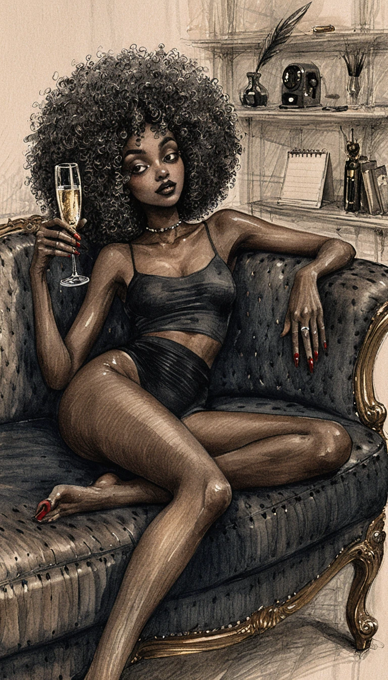 Illustration d’une femme noire détendue allongée sur un canapé sombre