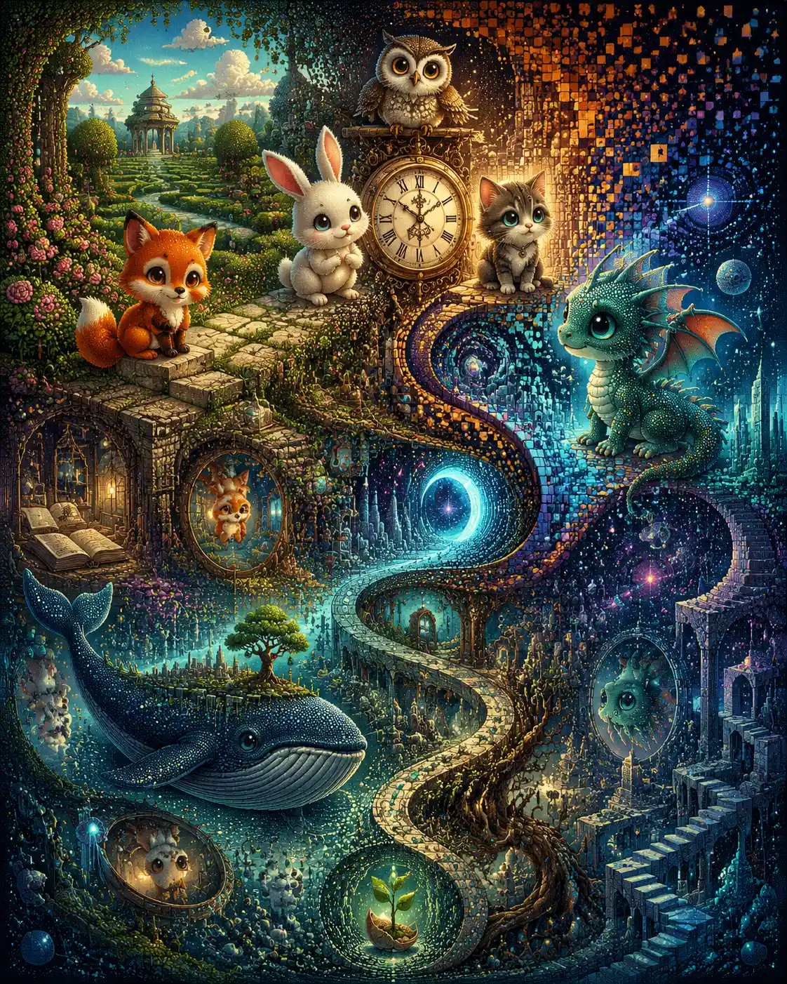 Dolci animali fantastici in un paesaggio onirico surreale in trasformazione