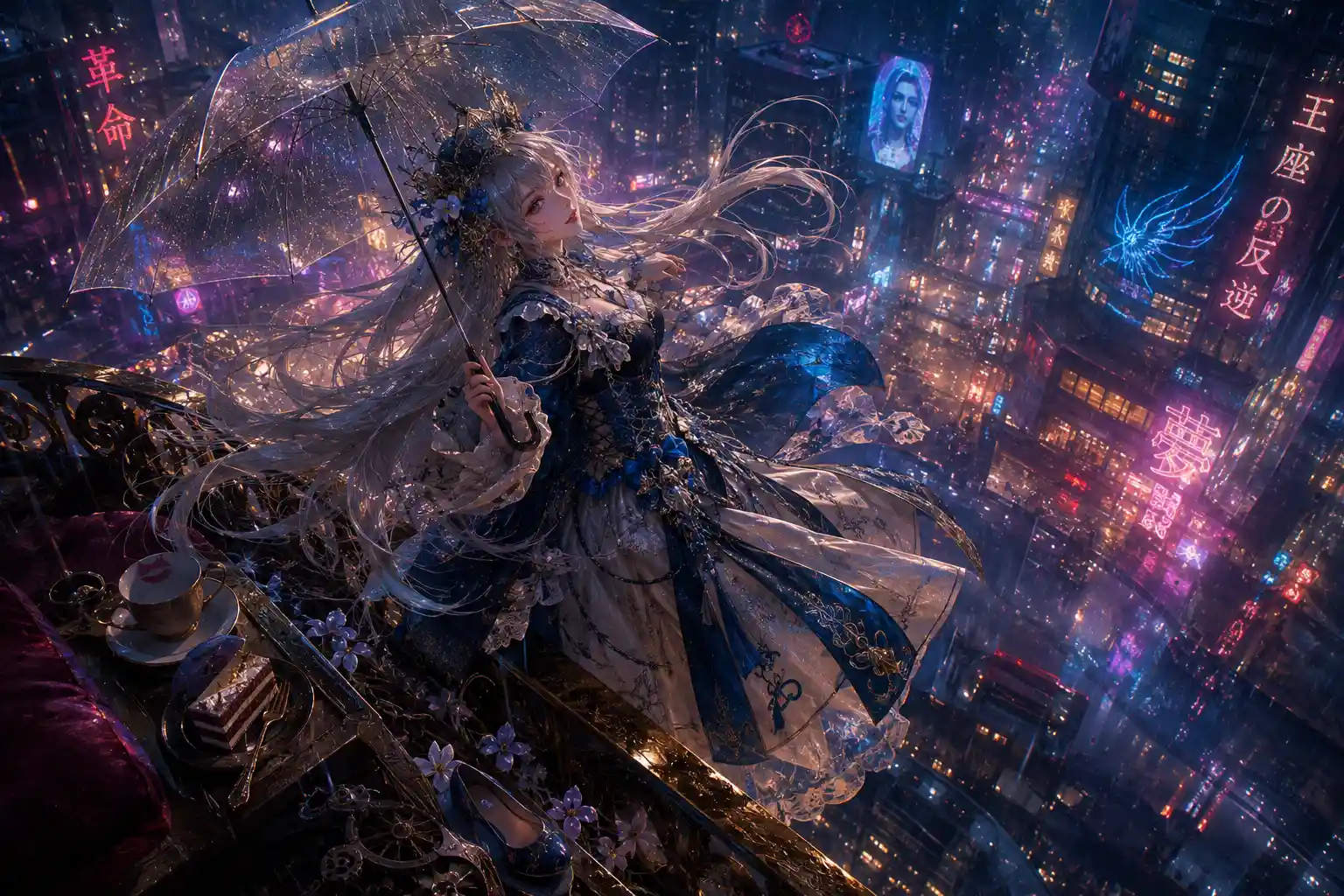Princesse flottant au-dessus du balcon d’une ville cyberpunk néon sous la pluie