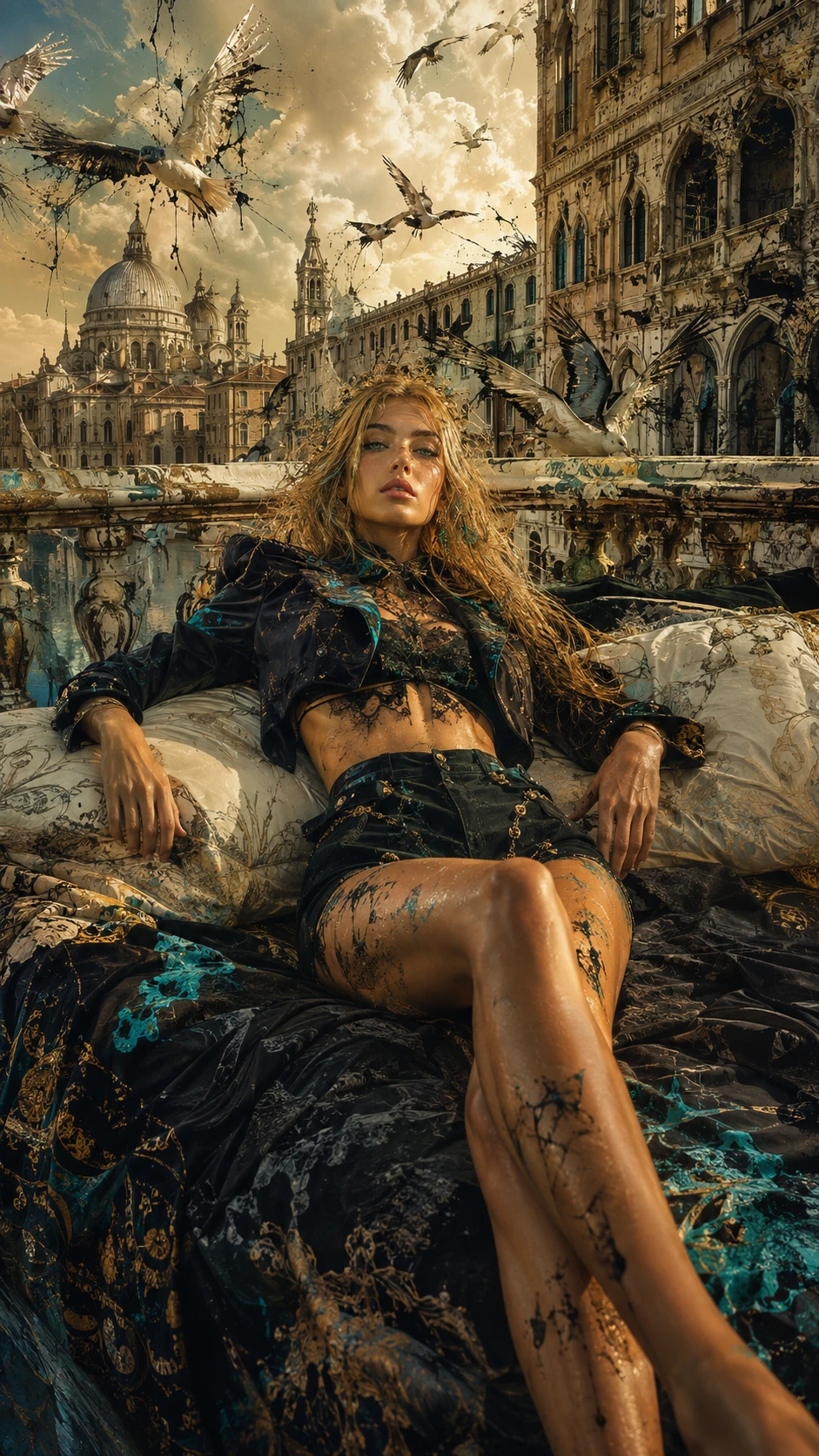Mulher surreal reclinada em cama flutuante sob luz urbana