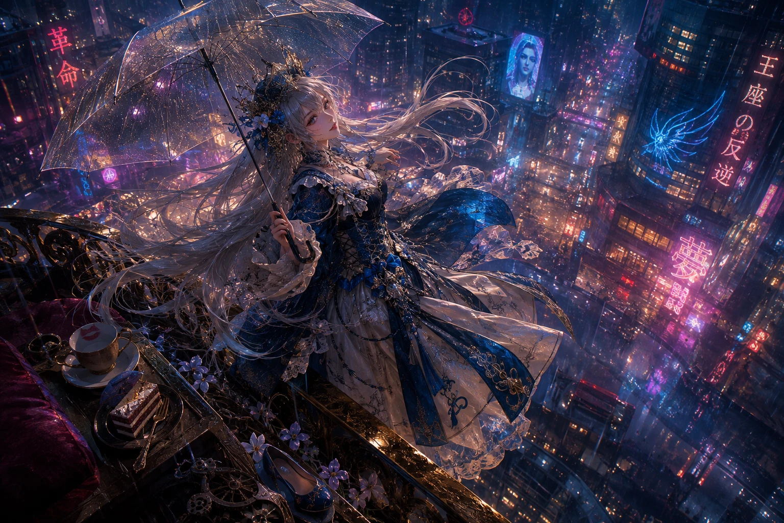 Princesse flottant au-dessus du balcon d’une ville cyberpunk néon sous la pluie