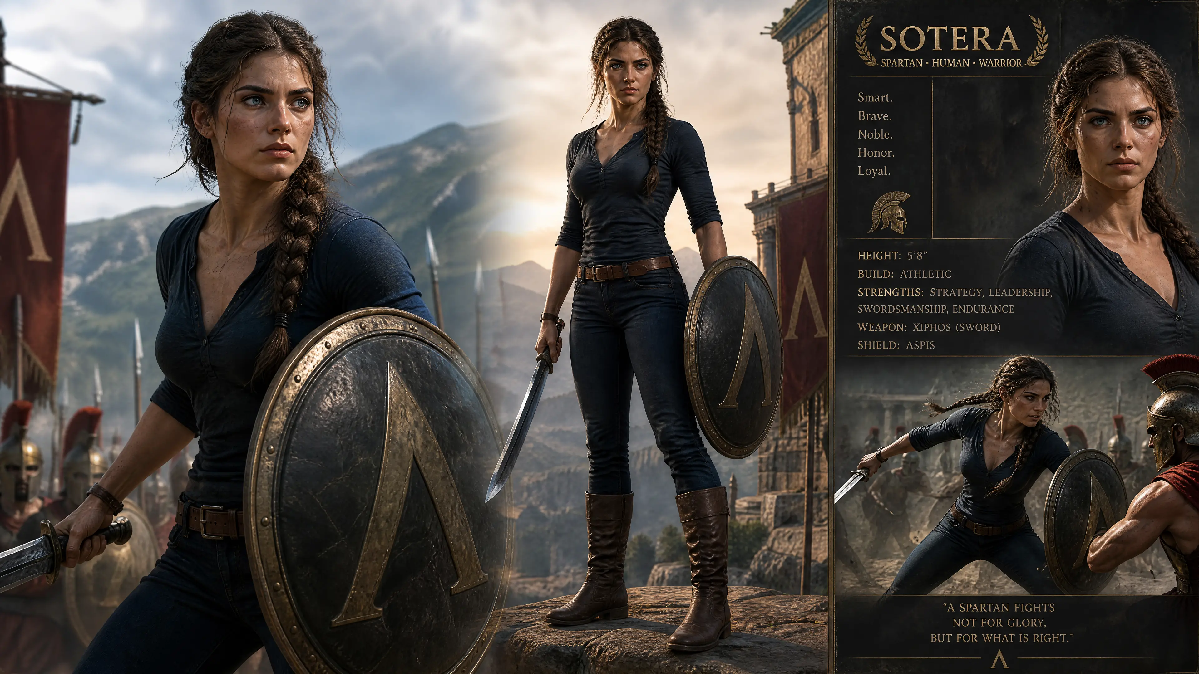 Brave female warrior in casual shirt jeans and boots