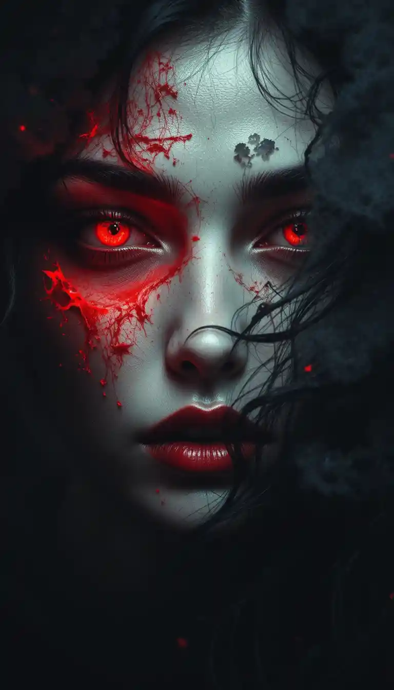 붉게 빛나는 눈을 가진 신비로운 여성 클로즈업